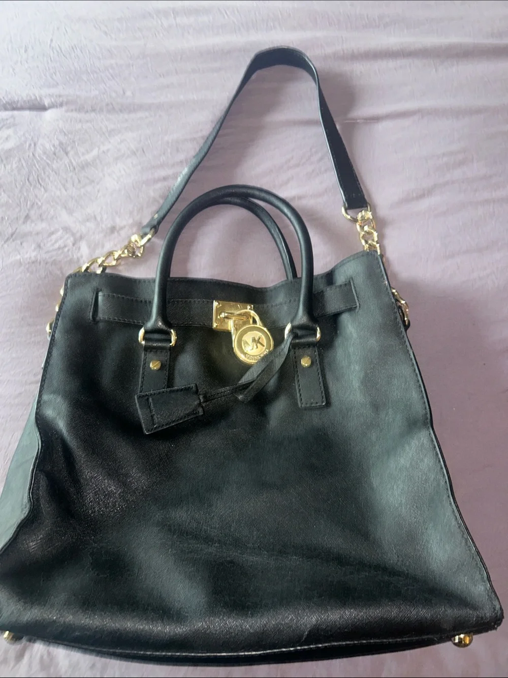 Michael Kors Black Leather Tote with Gold Accents